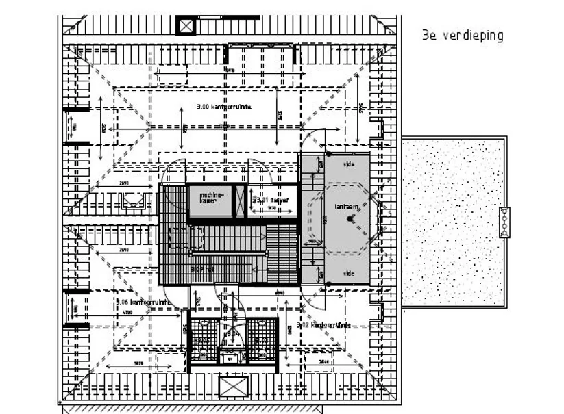 Plattegrond van de derde verdieping van een gebouw aan de Prof. Tulpstraat met kamers, trappenhuis en lift weergegeven.